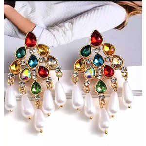 Big chandelier earrings crystal red big iridescent large crystal rainbow fringe